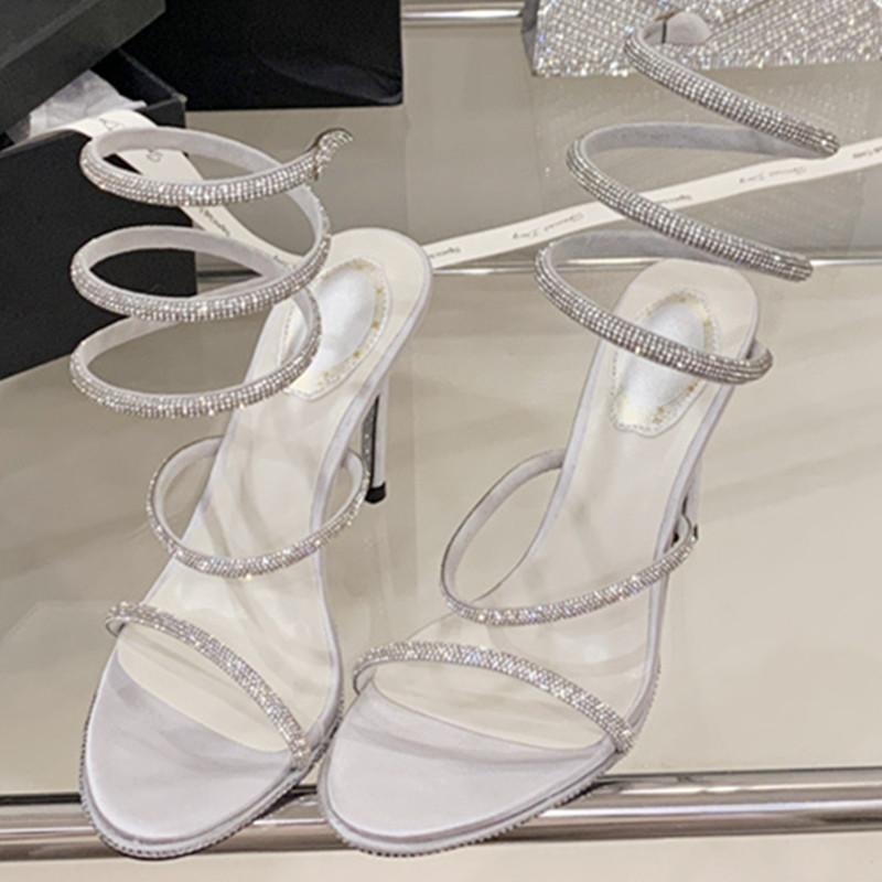 

Fashion Bling Bling Rhinestone Brand High Heel Sandals Women Fashion Narrow Band Thin High Heel Slide Sandals Banquet Party Dress Shoes 39 серебряный