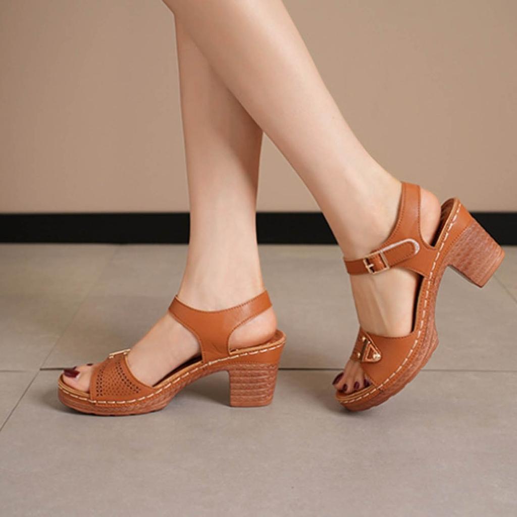 Chunky Heel Slippers For Women Artificial Leather One Line Buckle Solid Comfort Casual Wedge Heel Sandals Versatile Shallow Mouth Shoes