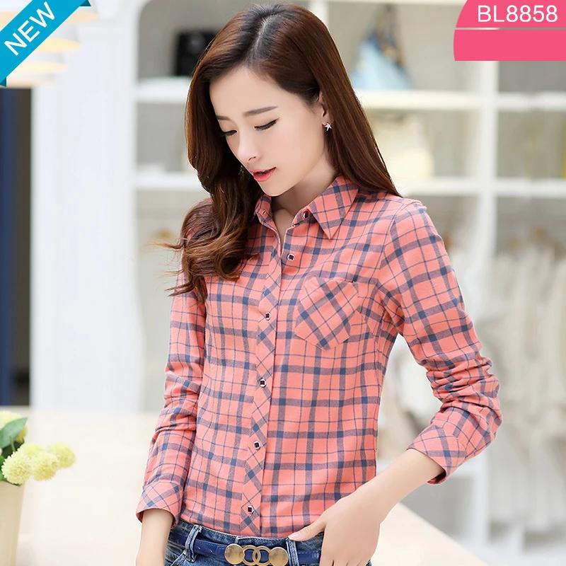 100% Cotton Women's Blouse Plaid Shirts Women's Long Sleeve Top S-5XL,Single Breaste Button Women's Shirt With Chest Pockets