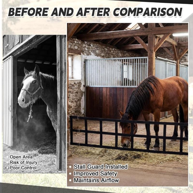 Horse Barn Entry Cover, Stall Guard Net With Fit- Buckle Strips, Black Color, 10-Foot X 20-Inch With Mounting Hardware for Stable Use