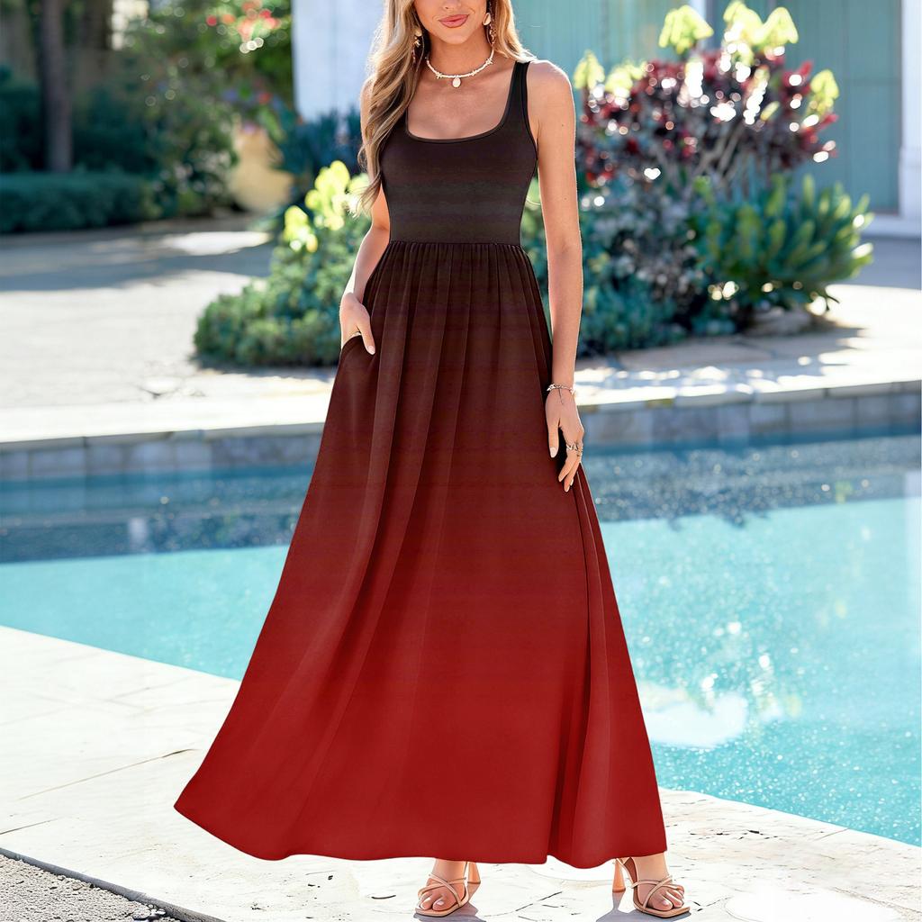Ladies' Gradient Printed Summer Casual and Fashionable Sleeveless Long Dress