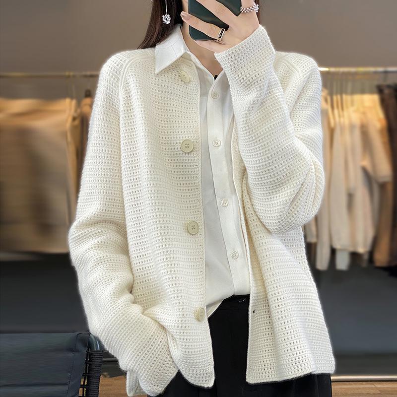Women's Pure Wool Knit Cardigan Sweater: Loose, Round Neck, Hollow-Out Design