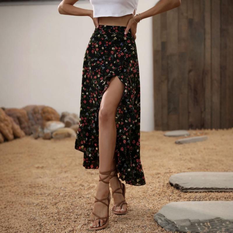 Women Floral Print High Waist Maxi Skirt Ruffle Hem With Slit Casual Summer Skirt S