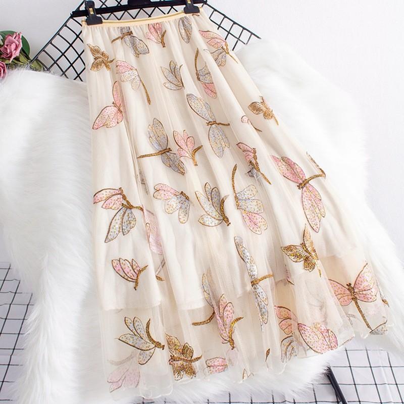 

Юбка с вышитыми пайетками и изображением стрекозы из тяжелой промышленности, женская осенне-зимняя новая юбка-драпировка, средняя и длинная юбка А-образного силуэта, длинная юбка One Size
