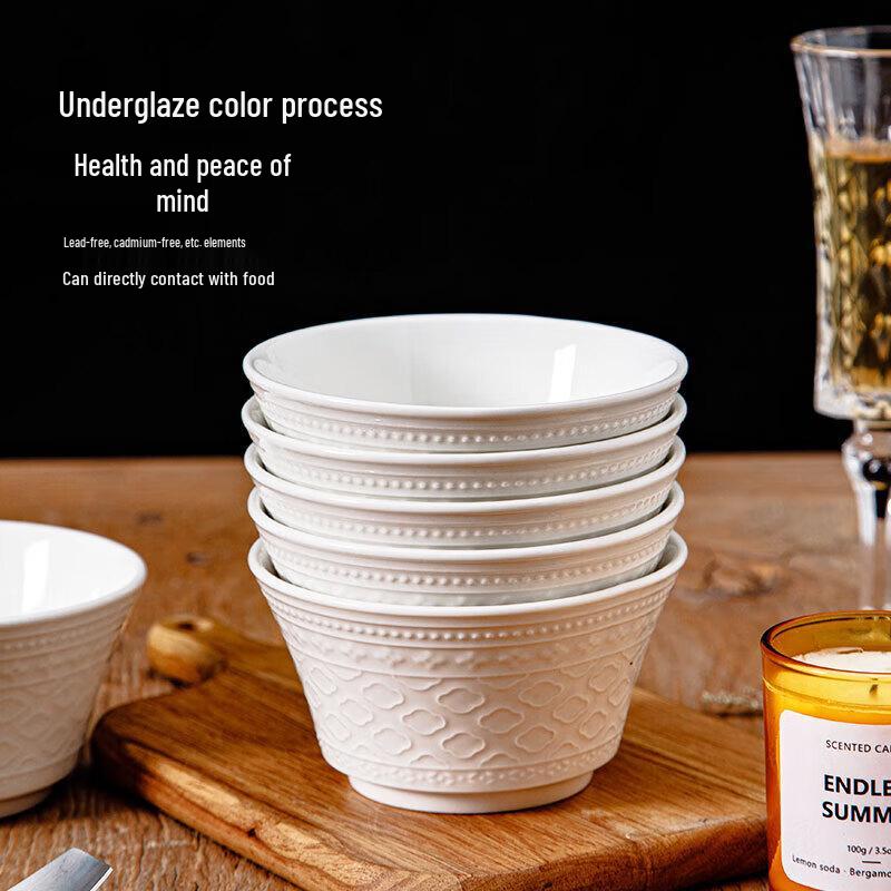 ZISIZ French Embossed Elegant White Ceramic Bowl Set
