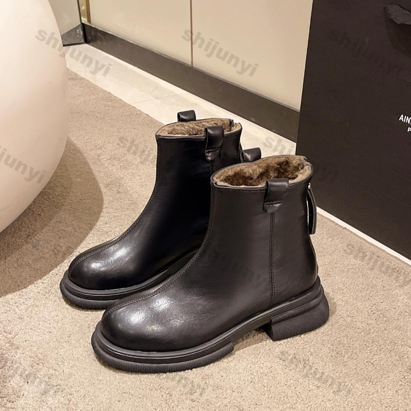 Women's Warm Thick Fleece Short Boots Autumn Winter New Versatile Boots Women Thick Heel Side Zipper Casual Square Short Booties