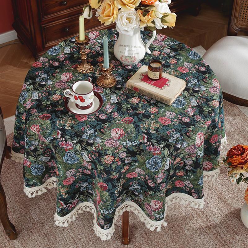 Round Vintage American Style Jacquard Tablecloth With Floral Dining Table Caf Decor