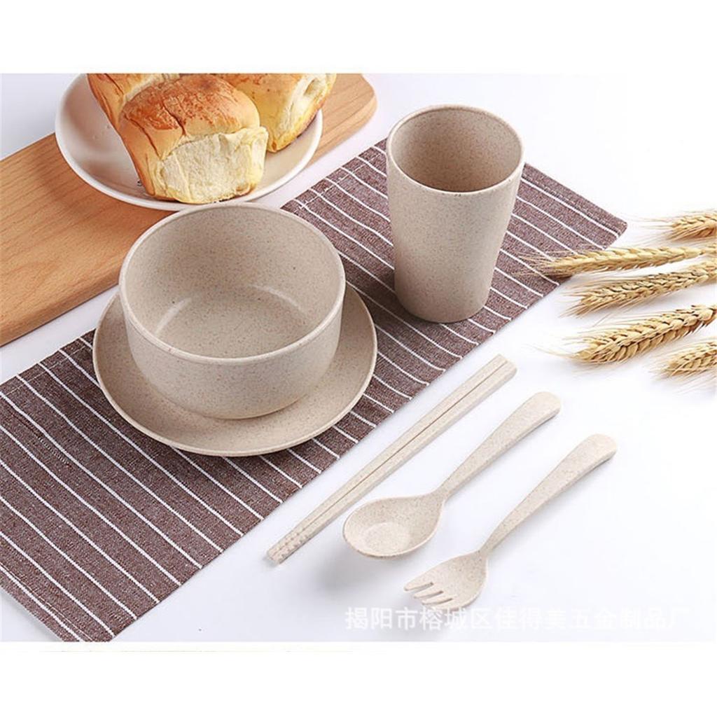 6Pcs Wheat Straw Dinnerware Set for Kids, Reusable Eco-Friendly Tableware Includes Bowl Plate Spoon Fork Chopsticks, Portable Gift Utensils