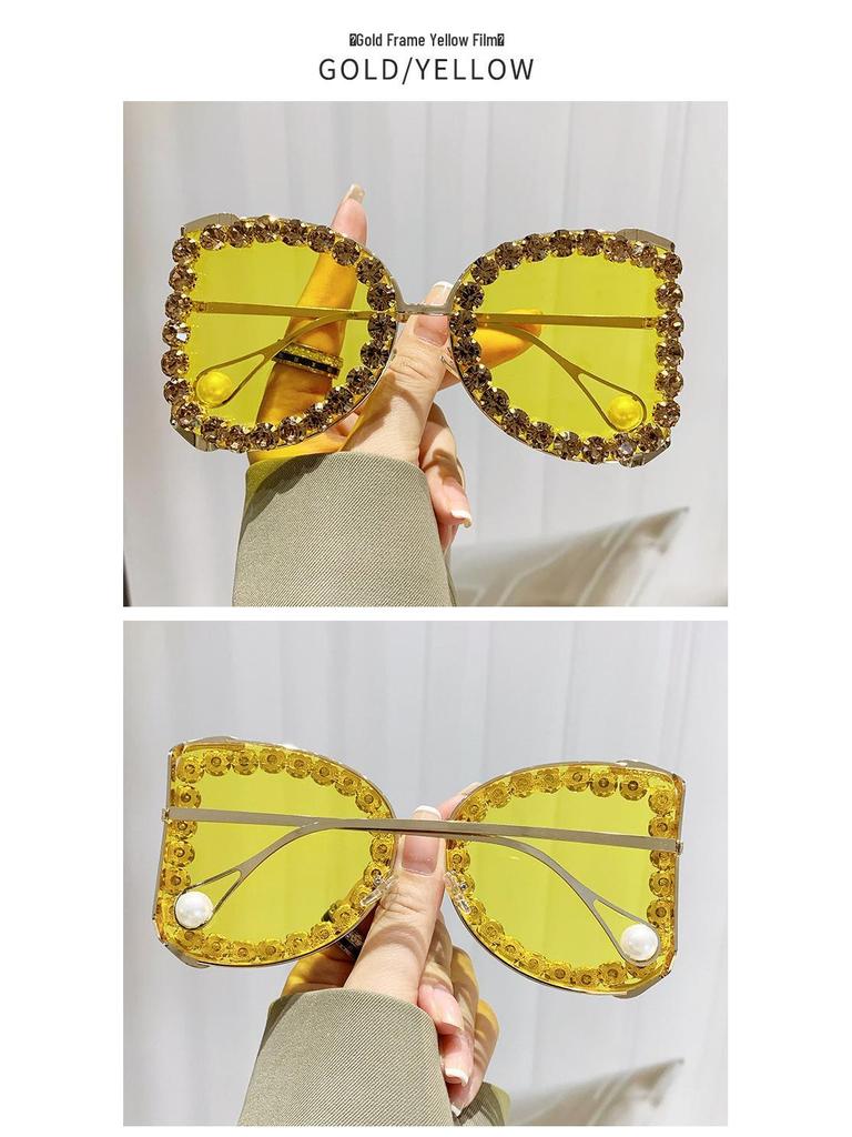 Trendy Oversized Rhinestone Sunglasses with Ocean Lens - European & American Style
