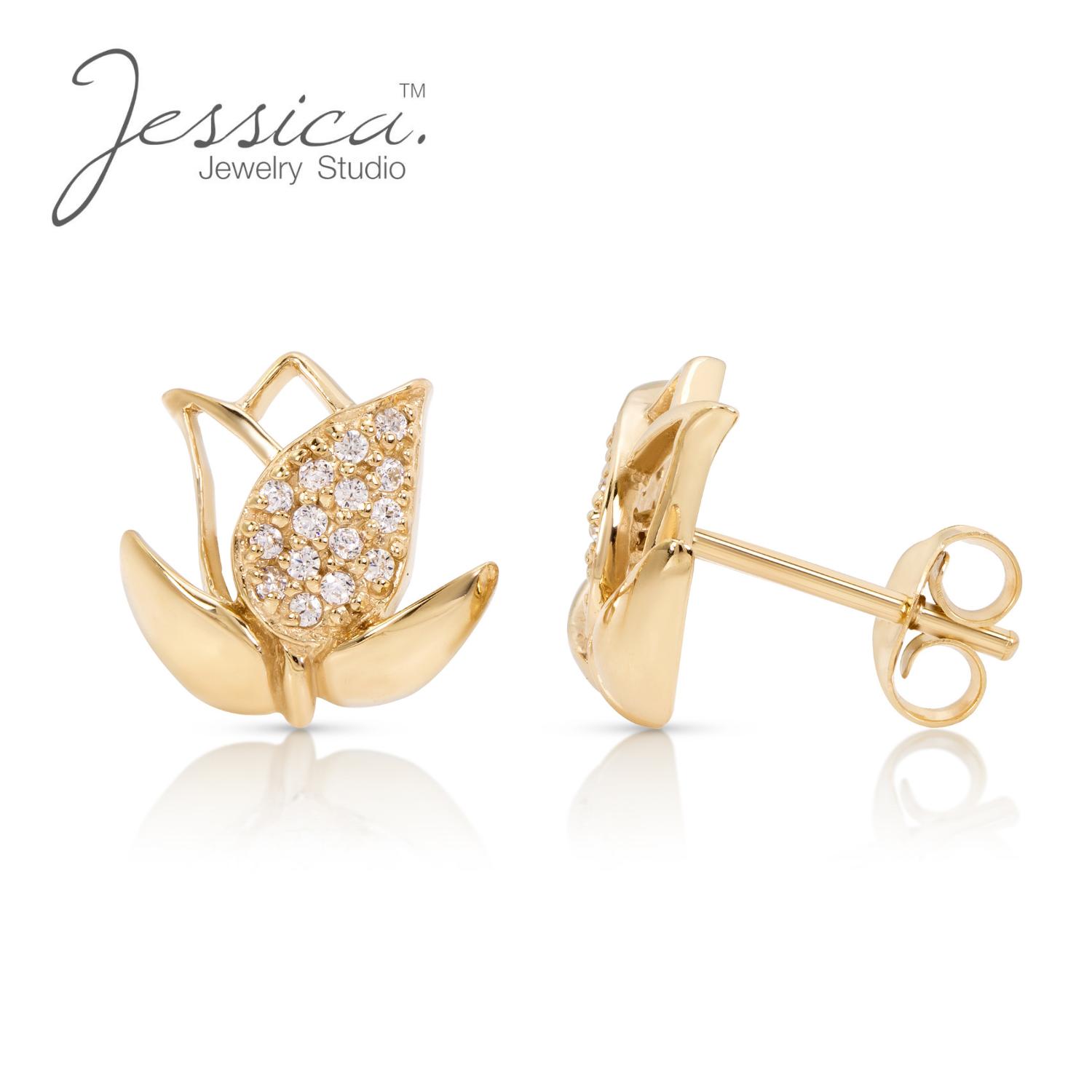 

Минималистичные серьги-гвоздики с цветком тюльпана из настоящего желтого золота 14 карат и стерлингового серебра 925 пробы для нее