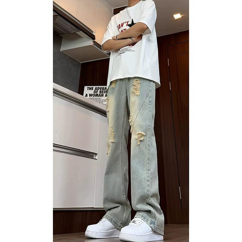 Autumn American high street vibe jeans men's trend ripped design pants retro straight micro-pull pants