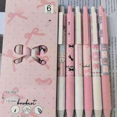 6pcs of Popular Cross-Border Pink Bow Ins High-Value Click Pens, Fast-Drying and Smooth for Students