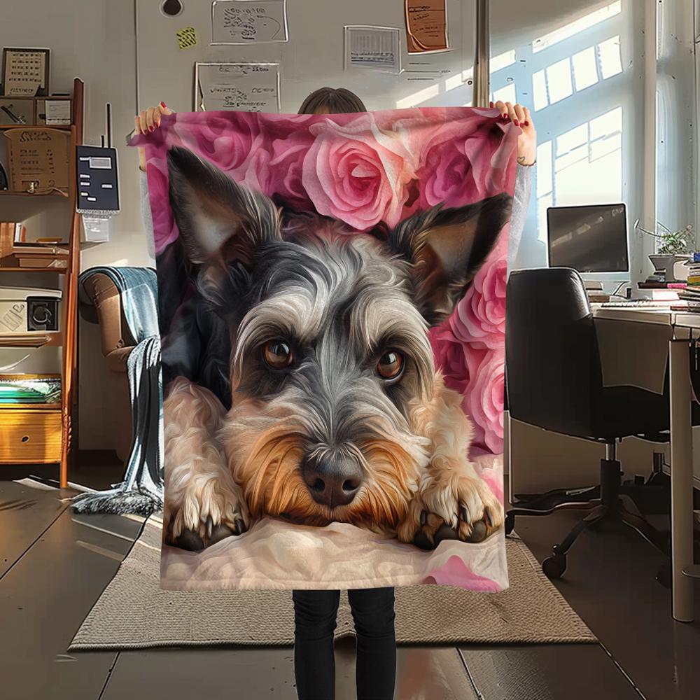 Schnauzer and Roses,pattern Flannel Blanket, High Quality Comfortable for All Seasons, Home Decor, Warmth and Comfort, Perfect for Gifts.