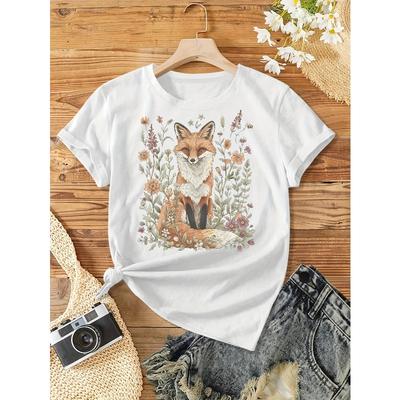 Europäische Größe Damen Boho-Stil Kurzarm Blumenfuchs-Print Rundhals Sommer-T-Shirt, Geeignet für Frühling, Sommer und Herbst.