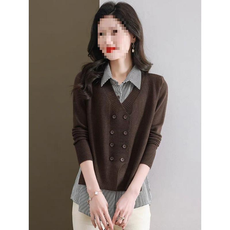 Autumn Winter Polo-neck Fake Two Pieces Casual Fashion Sweaters Women Vintage Bottomed Knitting Top