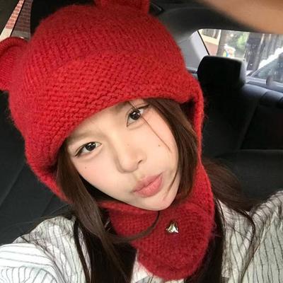 2025 Autumn And Winter  Wool Hat Women'S Cute Bear Earmuffs Cycling Warm Knitted Scarf Neck All-In-One