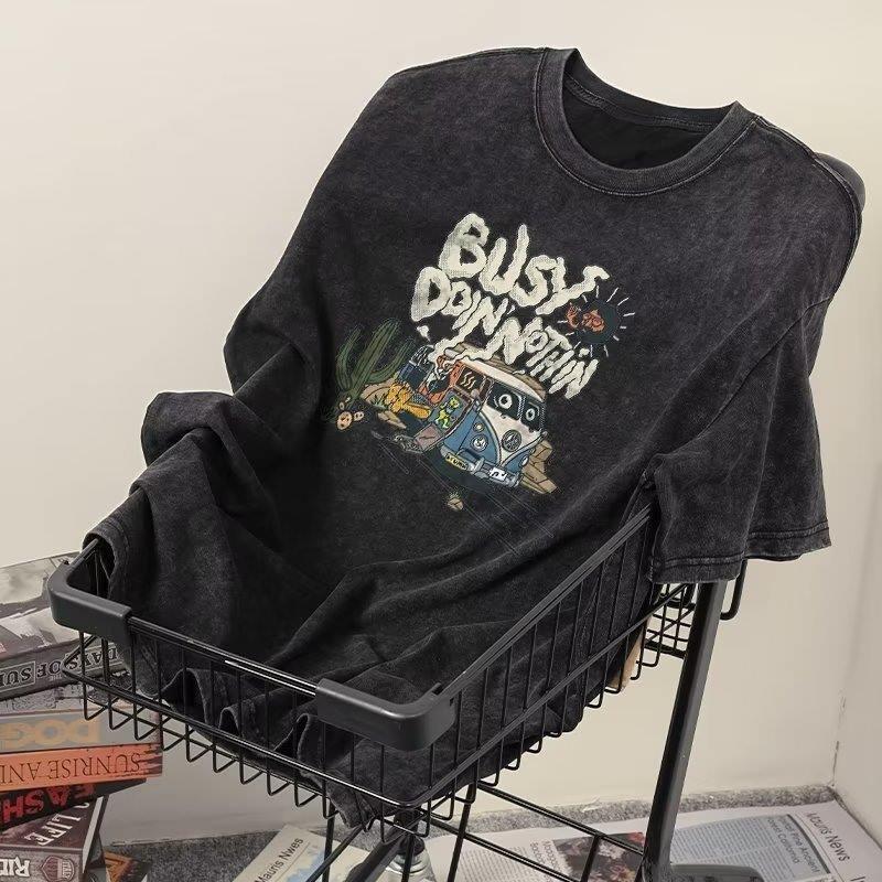 

Летняя американская уличная мужская модная футболка с коротким рукавом с принтом автобуса, потертые футболки с потертой графикой, винтажная мужская одежда в стиле хип-хоп