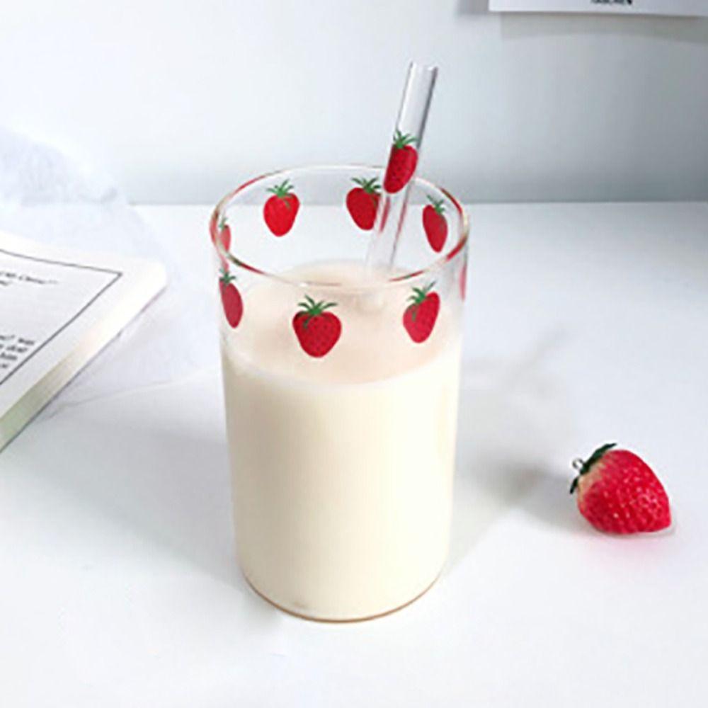 

300ml Glass Cup with Straw Strawberry Juice Glass Cups High Quality Coffee Mugs Gift