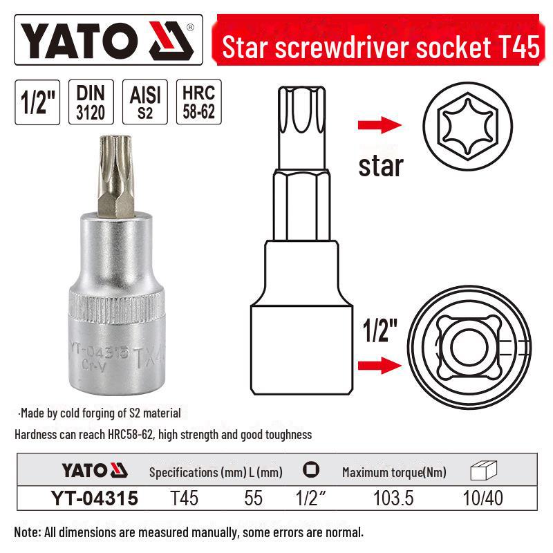YATO 1/2" Star Screwdriver Socket Set, Chrome Vanadium Steel, S2 Head