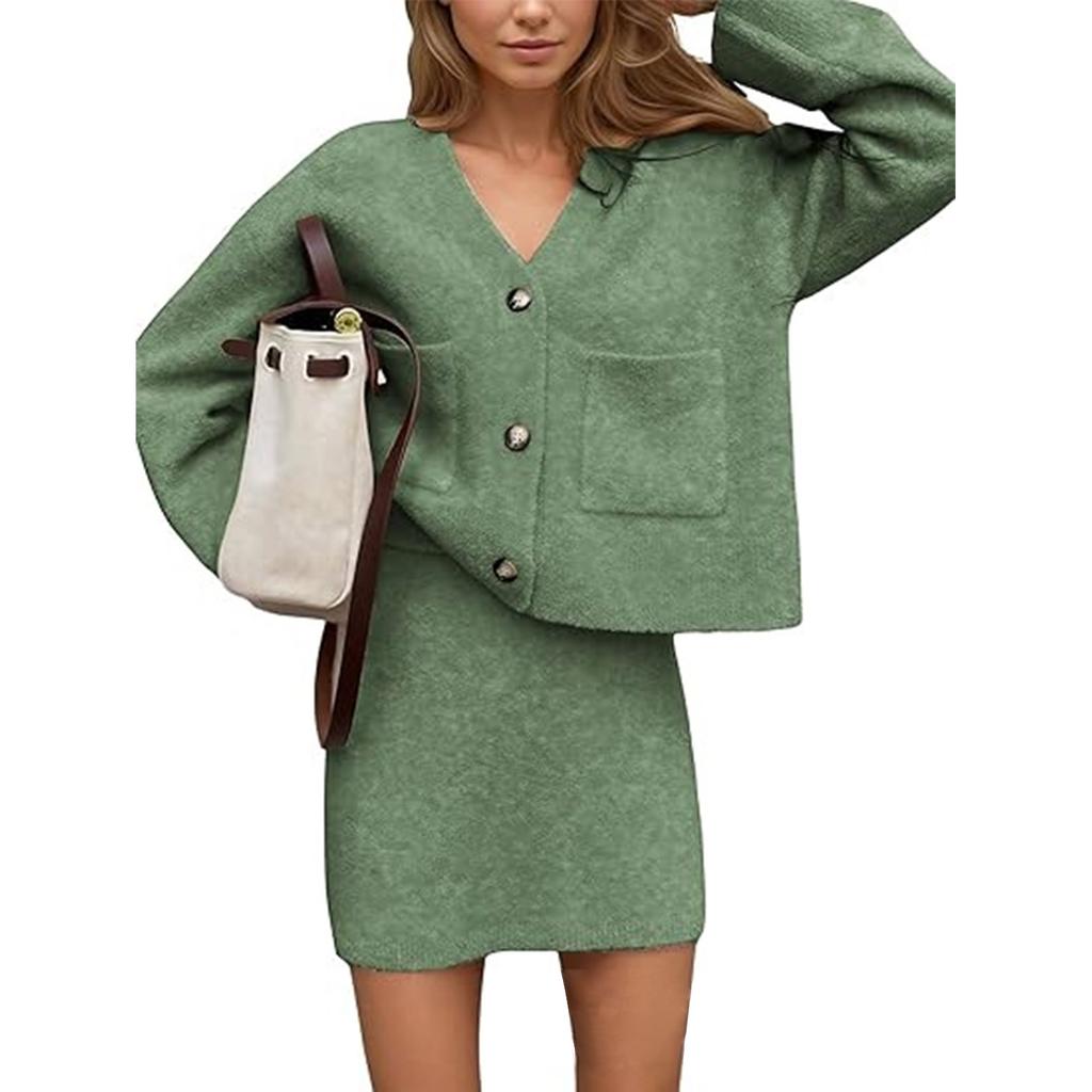 Women's solid color woolen button cardigan dress two-piece set