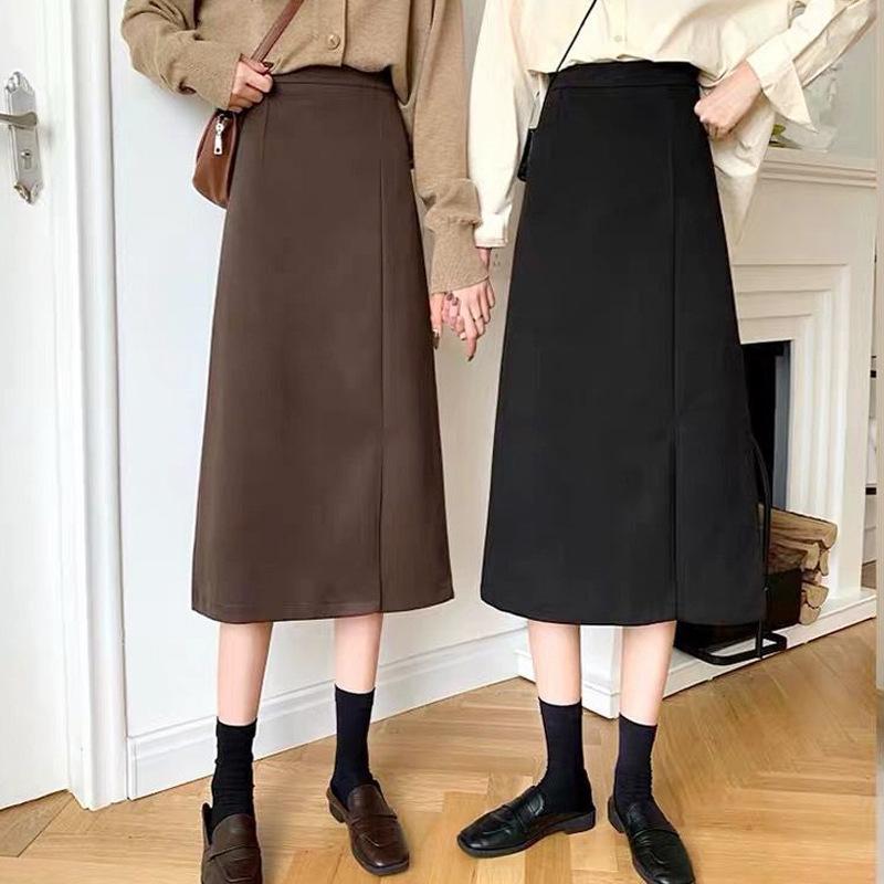 Women's High Waist Midi Skirt - Solid Color A-Line with Slit - Autumn/Winter 2023 Collection