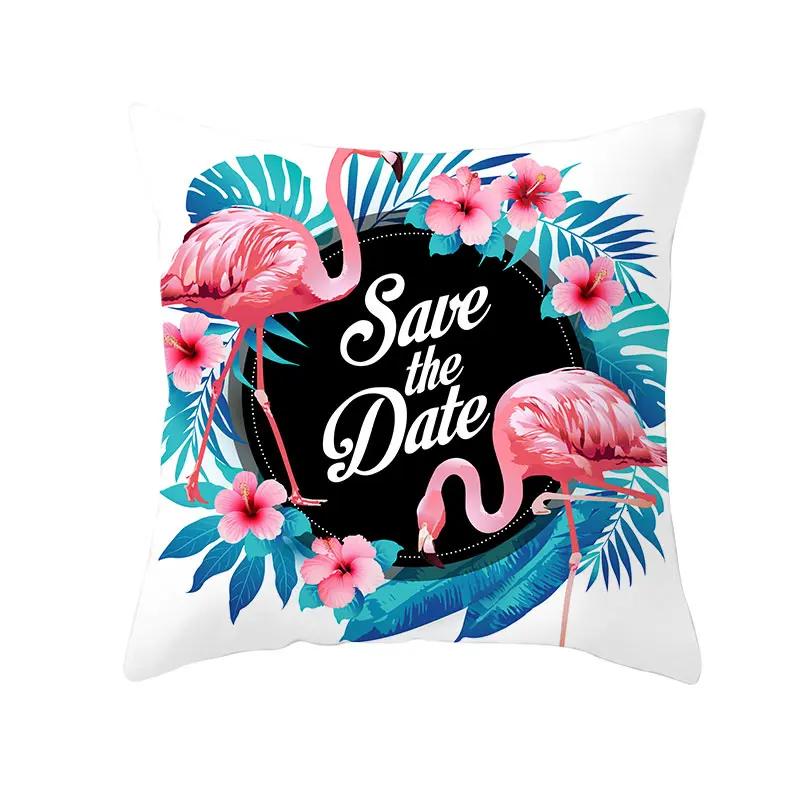 Housse de Coussin Décorative Flamant Rose Plantes Tropicales d'Été Feuilles Vertes Housse de Coussin à Jeter Housse de Coussin Flamant Rose
