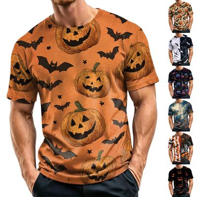 Men Casual Crew Neck Lightweight Breathable Short Sleeve Top with Halloween Themed Printed Pattern for Daily Wear