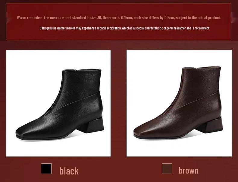 2025 Women's Soft Leather Mid-Heel Square Toe Boots with Velvet Lining for Autumn and Winter