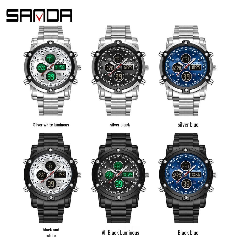 Sanda Tide Men's Dual Display Chronograph Watch: Cool Steel Band, Large Screen, Multifunctional, Waterproof, with Alarm Clock.