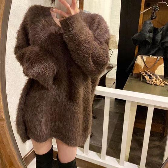 Casual Frauen V Neck Verdicken Warme Strick Pullover Herbst Winter Nerz Kaschmir Weiche Damen Lose Mohair Lange Pullover