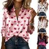 Women Shirt Silk Glossy Fabric Lapel Long Sleeve Heart Print Blouse Loose Fit Button Down Romantic Date Night Casual Party Tops