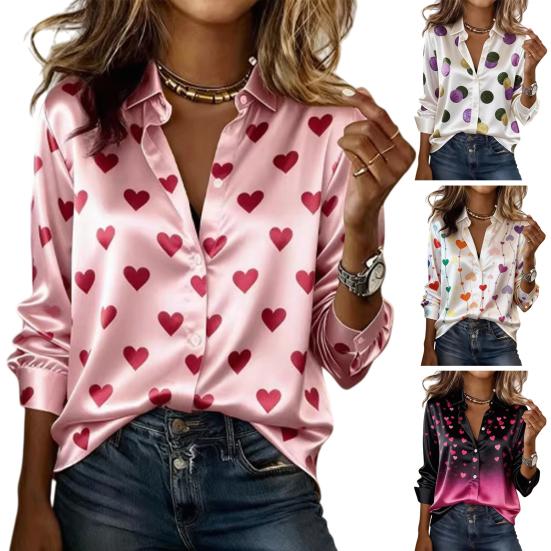 Women Shirt Silk Glossy Fabric Lapel Long Sleeve Heart Print Blouse Loose Fit Button Down Romantic Date Night Casual Party Tops