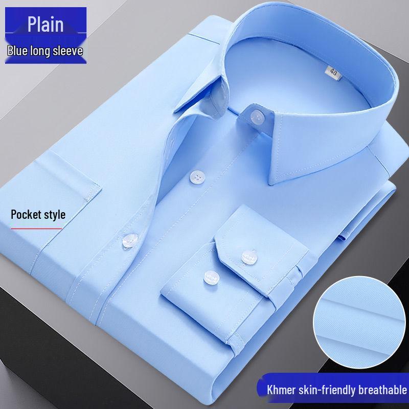 Men's Blue Long-Sleeve Business Shirt - Spring/Autumn Professional Workwear with Pocket Style
