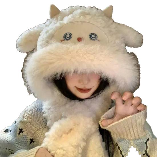Women Hat Fox Ear Shape Thickened Plush Warm Winter Hat with Scarf Design Outdoor Activities Warm Headwear