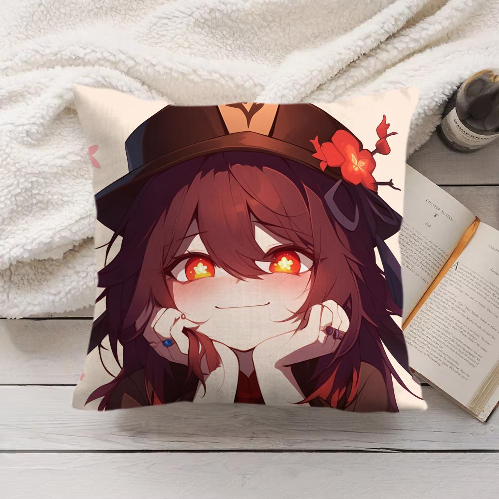Cute Hu Tao Genshin Impact Cushion Cover Silky Short Plush Invisible Zipper Dustproof Sofa Pillow Case For Home Decor