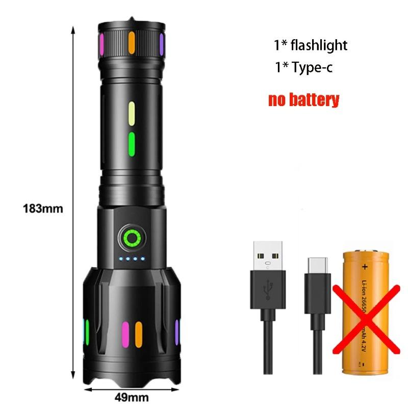 High Power 10000LM Spotlight Long Range LED 26650 Flashlight With Luminous StripsTail Glass Breaker Zoom Torch Camping Emergency