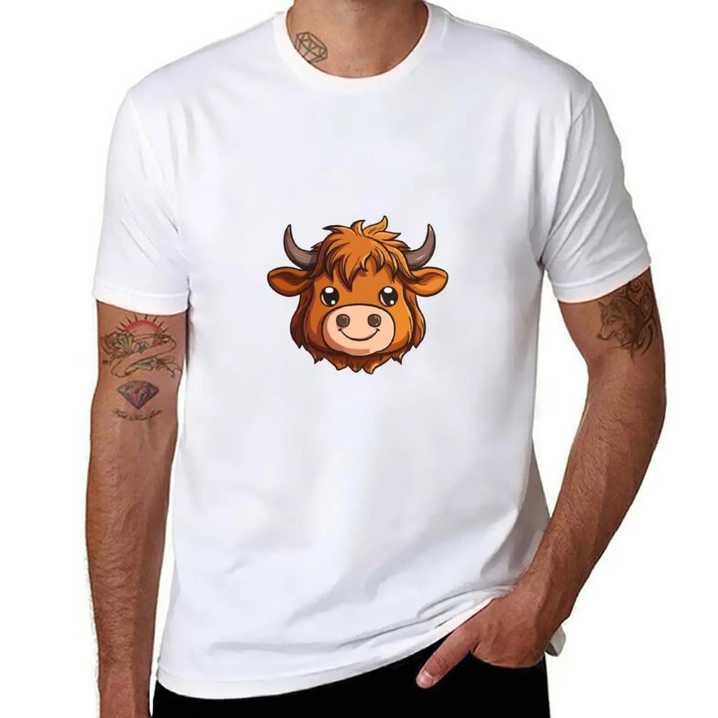 Kawaii Highland Cow Head TShirt Tops New Edition Kawaii Clothes Customs T Shirts for Men Cotton