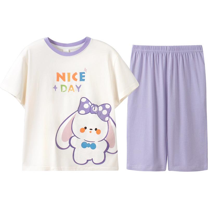 Girls' Summer Cotton Pajama Set - Short Sleeve, Lightweight, for Middle and Big Children, 2024 New Style