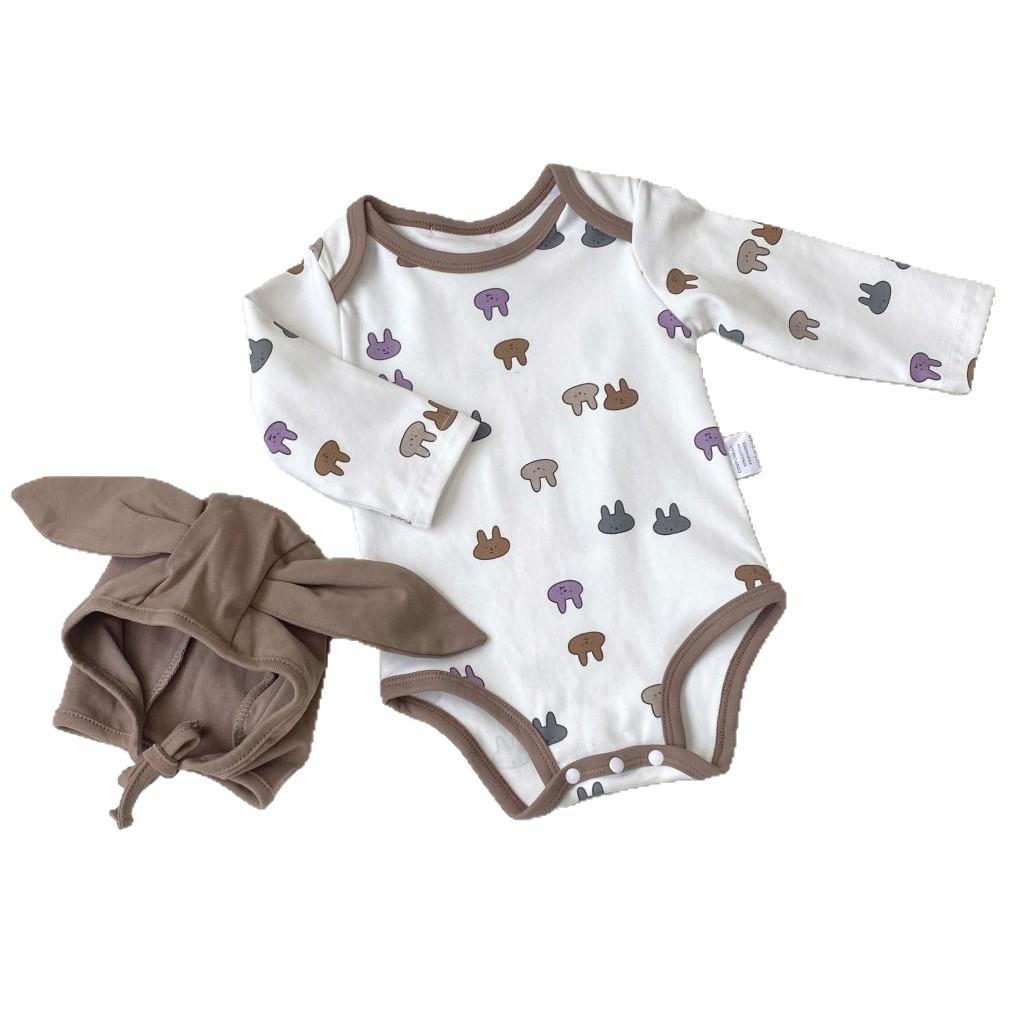 Korean Style Newborn Romper + Cartoon Bodysuit + Rabbit Ear Hat Set (Autumn/Winter)
