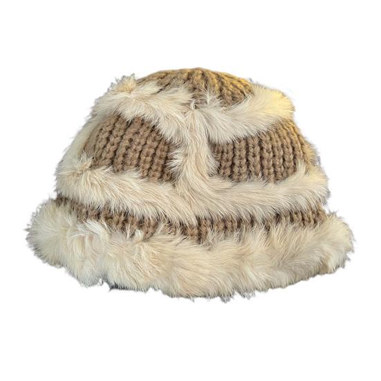 Women Fisherman Hat Imitation Rabbit Fur Decor Autumn Winter Windproof Warm Dome Soft Knitting Basin Hat
