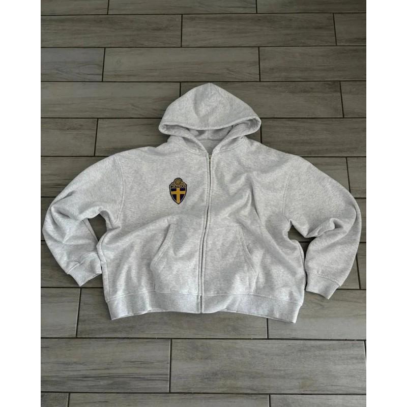 Womens Streetwear Hooded Zip-Up Oversized Sweatshirt Set With Embroidery Gray Fall Winter 2025