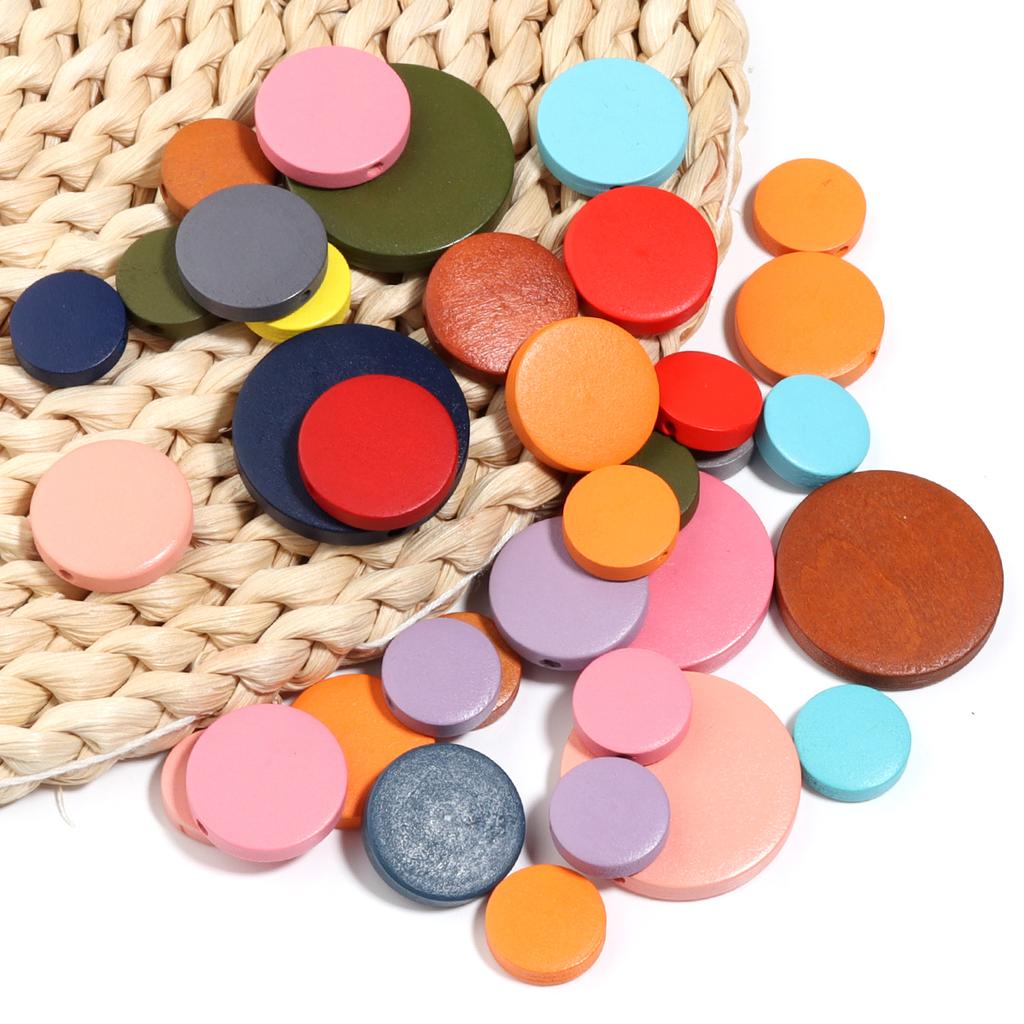 10-30pcs Colorful Wooden Beads Spray Painted Straight Hole Flat Round Bead Pieces For Jewelry Making DIY Necklace Bracelet Decor