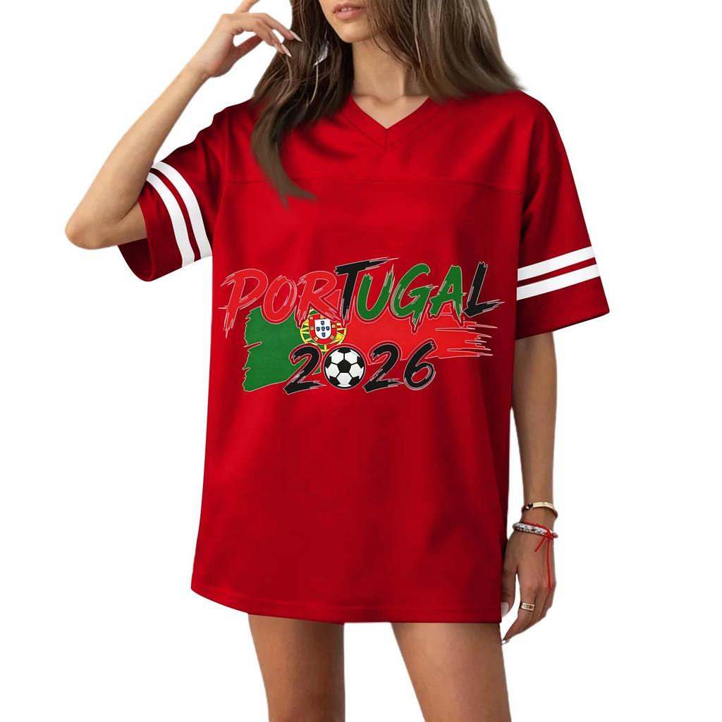 Damen Freizeit V-Ausschnitt Fußballtrikot-Stil Kurzarm T-Shirt mit Flaggen- und Fußball-Print für Sport und Freizeit