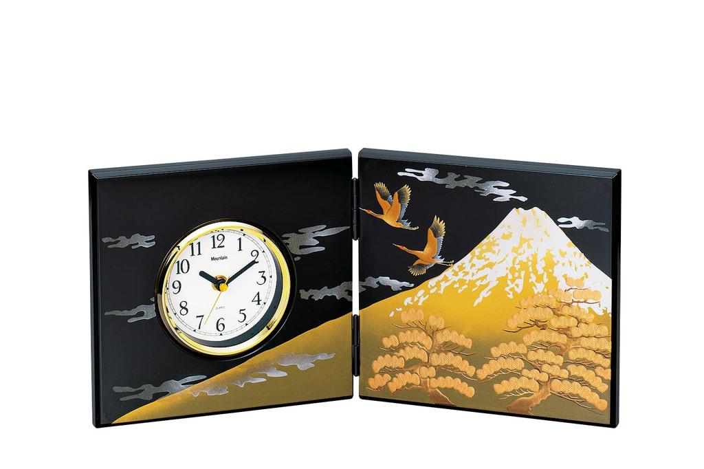 Nakatani Brothers Company "Yamanaka Lacquer" Folding Screen Clock, Black, Pine and Crane Design, 37-3109
