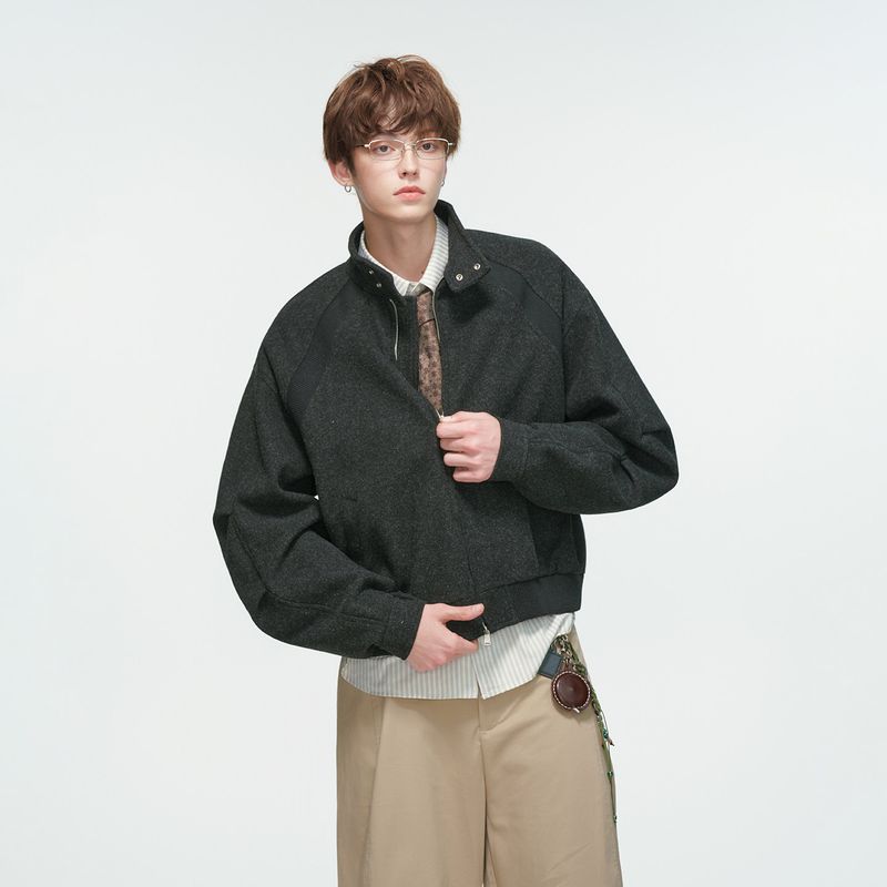 Dream Made American-Style Cleanfit Stand-Up Collar Woolen Jacket for Men, Spring and Autumn Boxy Short Silhouette Jacket
