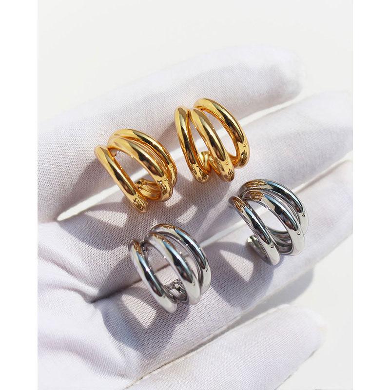 Real Gold-Plated Copper Crazy Sister Classic Three-Tube Earrings: Women's C-Shaped Hoop Silver Needle 300