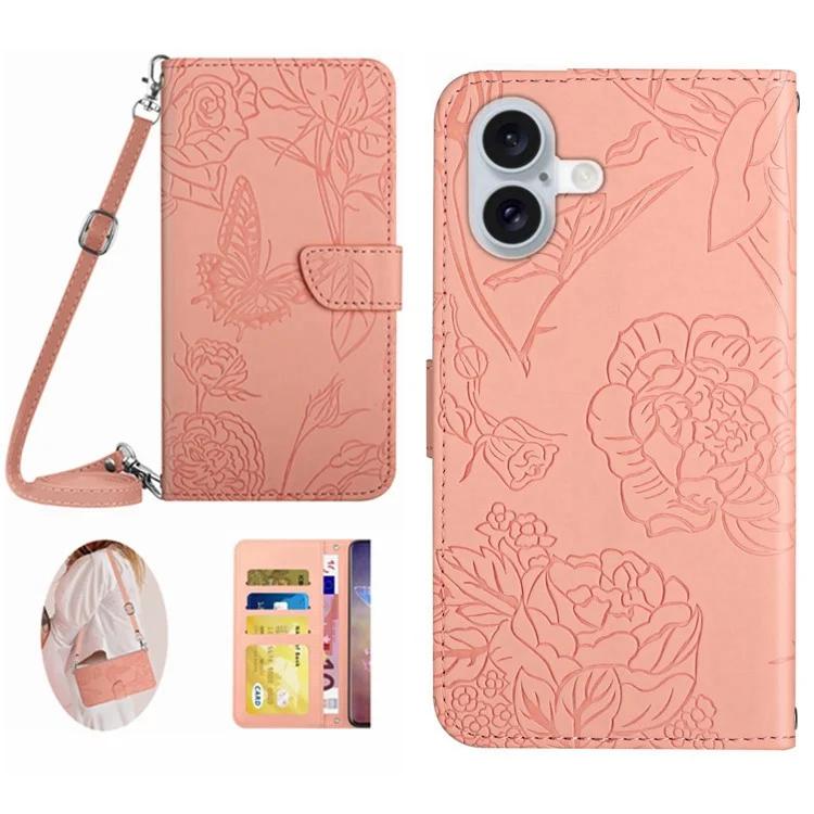 

HT03 For iPhone 16 Plus Case Butterfly Flowers Leather Flip Phone Cover Crossbody String