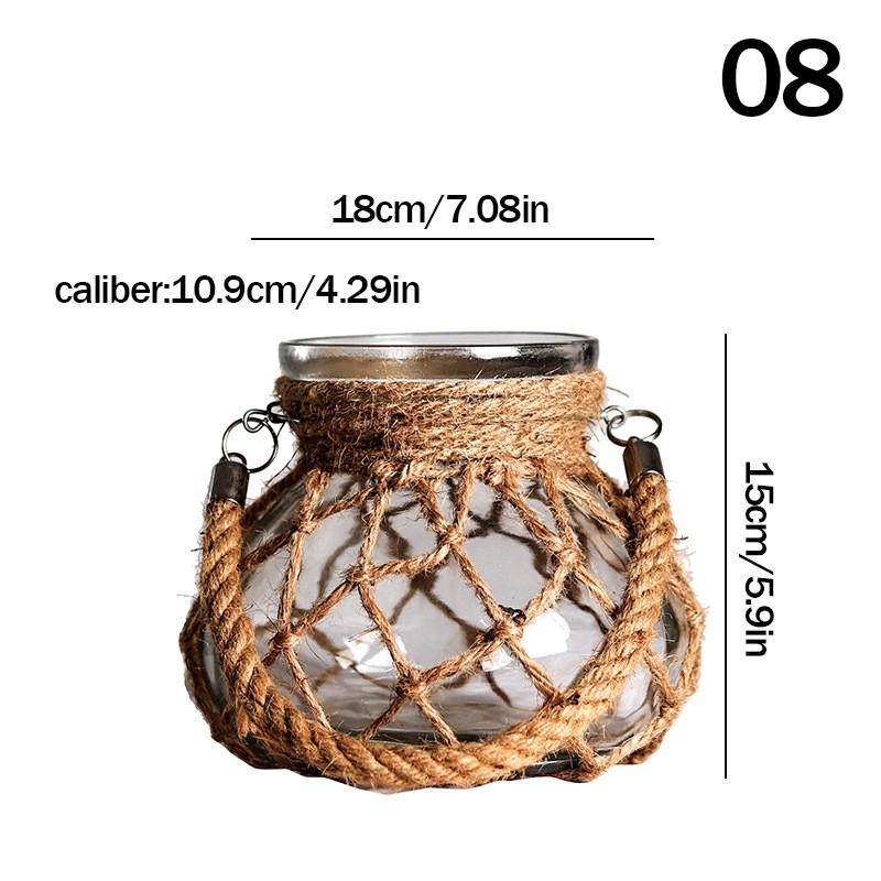 Hand Glass Vase Dry Flower Decor Woven Hemp Rope Vase Art Retro Hydroponics Vase Transparent Living Room Decor Table Ornament