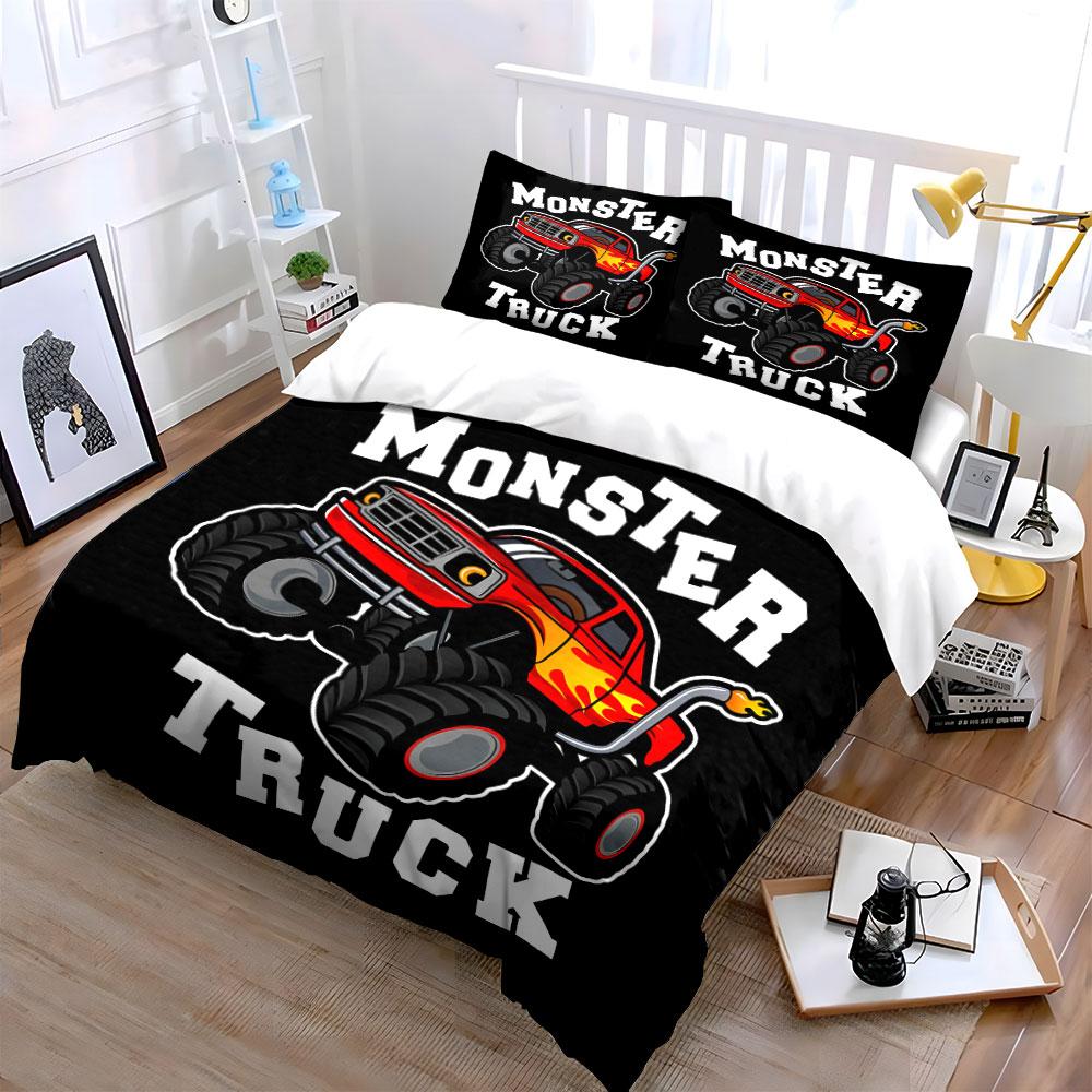 Monster Truck Red Flame Design Bedding Set for Kids Luxury Gift 3pcs Digital Print Comforter Set Soft Comfortable Breathable