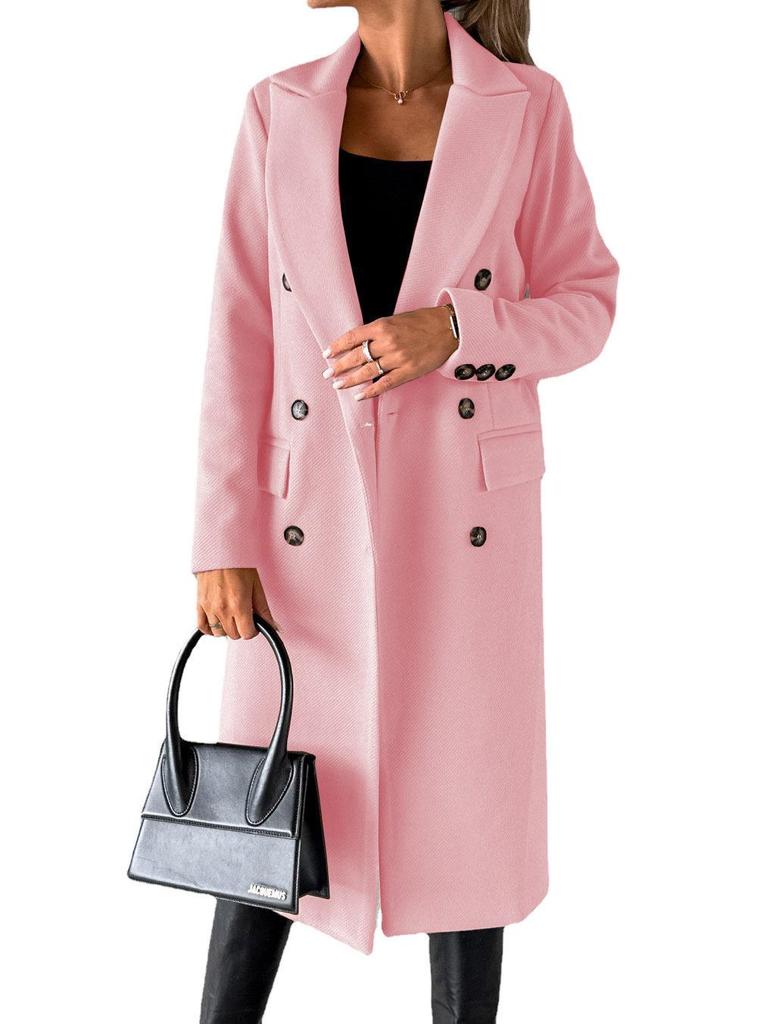 Women's Spring 2025 Versatile Woolen Double-Breasted Long Sleeve Coat with Welt Pockets
